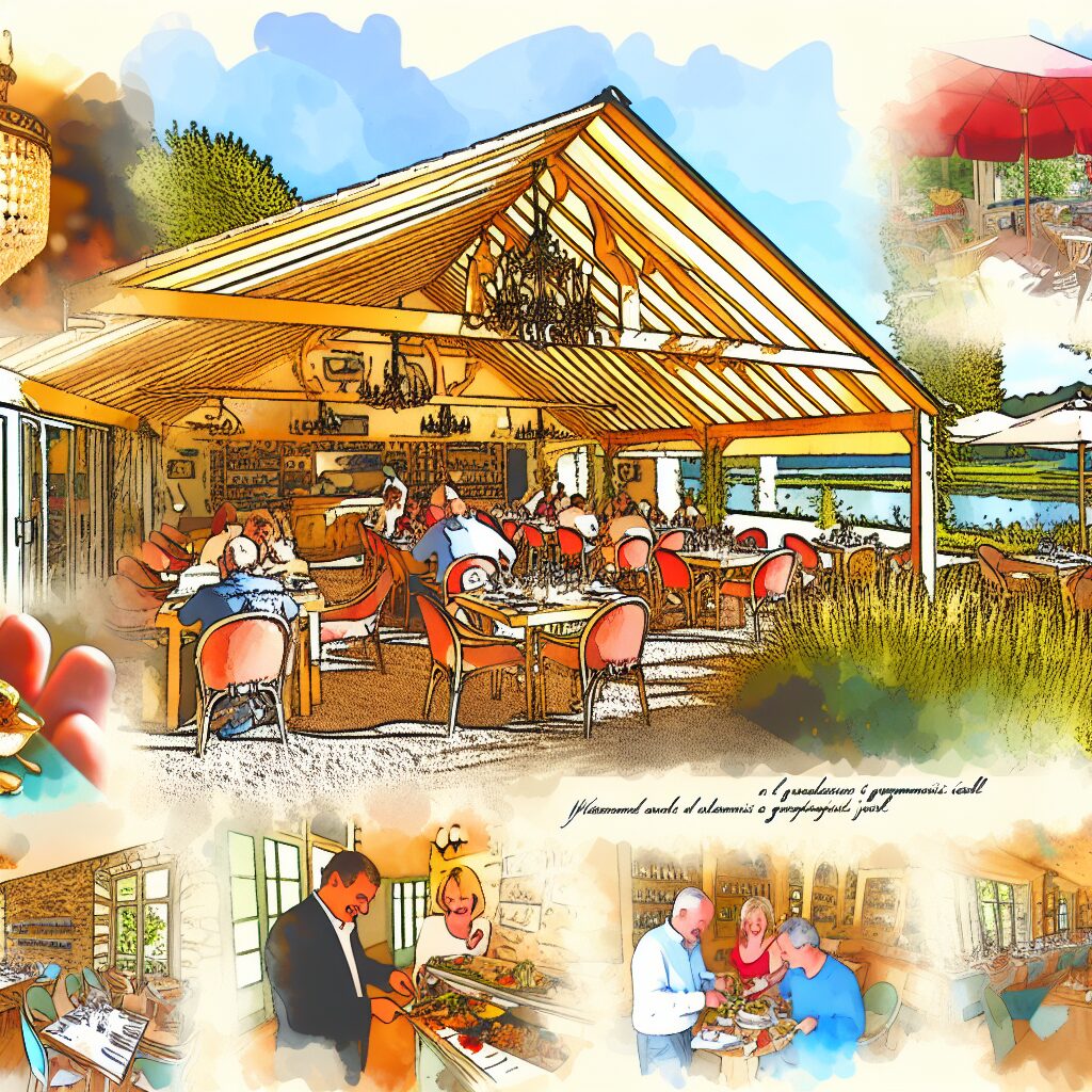 Illustration colorée d'un restaurant animé en plein air.